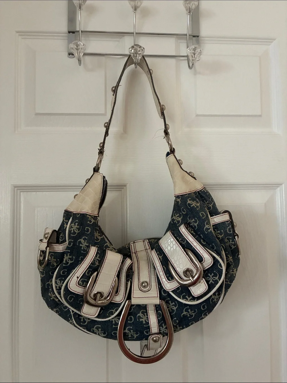 Y2K GUESS JEAN DENIM LOGO HOBO HANDBAG PURSE Shoulder Bag SLOUCHY MONOGRAM